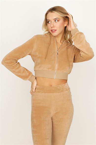Kadın Camel Kadife Kapüşonlu Fermuarlı Crop Sweatshirt
