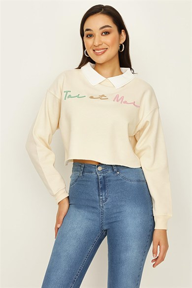 Kadın Gömlek Yaka Yazı Detaylı Sweatshirt