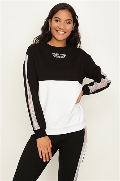 Kadın Renk Bloklu Kolları File Detaylı Basic Örme Sweatshirt