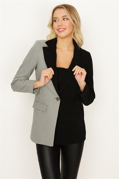 Kadın Tek Düğmeli Ekose Desen Kontrast Blazer Ceket