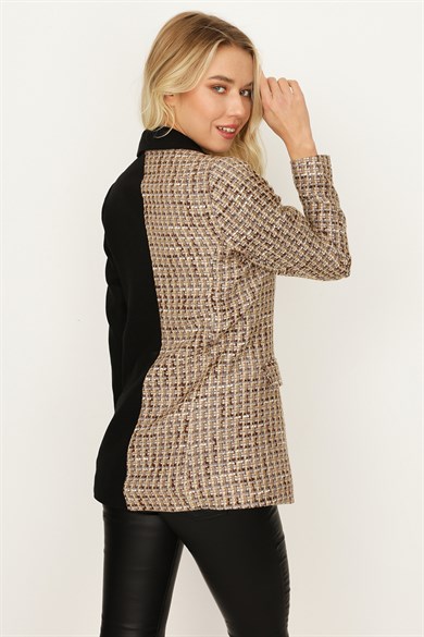 Kadın Tek Düğmeli Pötikare Desen Kontrast Blazer Ceket